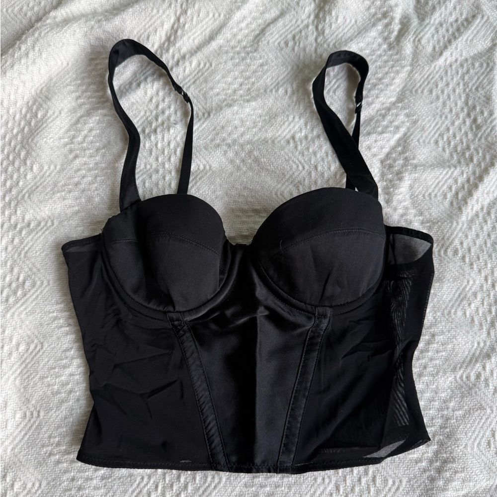 Kiki de Montparnasse Black Silk Bustier Longline Bra w/ Mesh Trim, Size XS